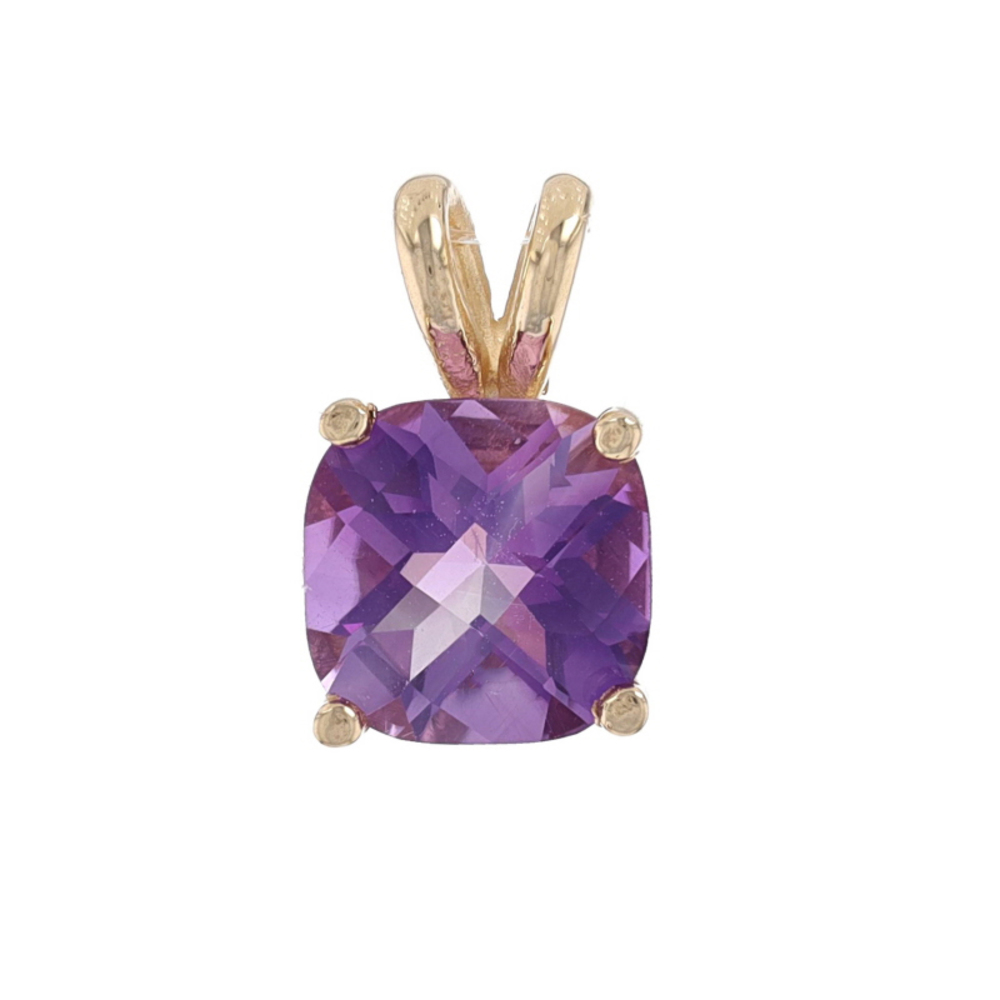 Yellow Gold Amethyst Solitaire Pendant - 14k Cushion Checkerboard 1.55ct